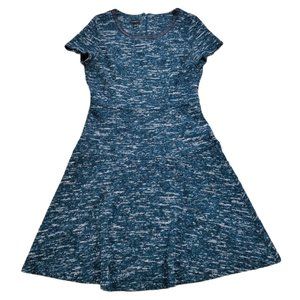 Talbots Women Size 10 Dress Blue Short Sleeve Round Neck Solid Faux Leather Trim